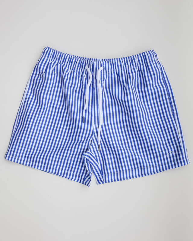 Oceanness eco-friendly sailor swim trunks with blue stripes
