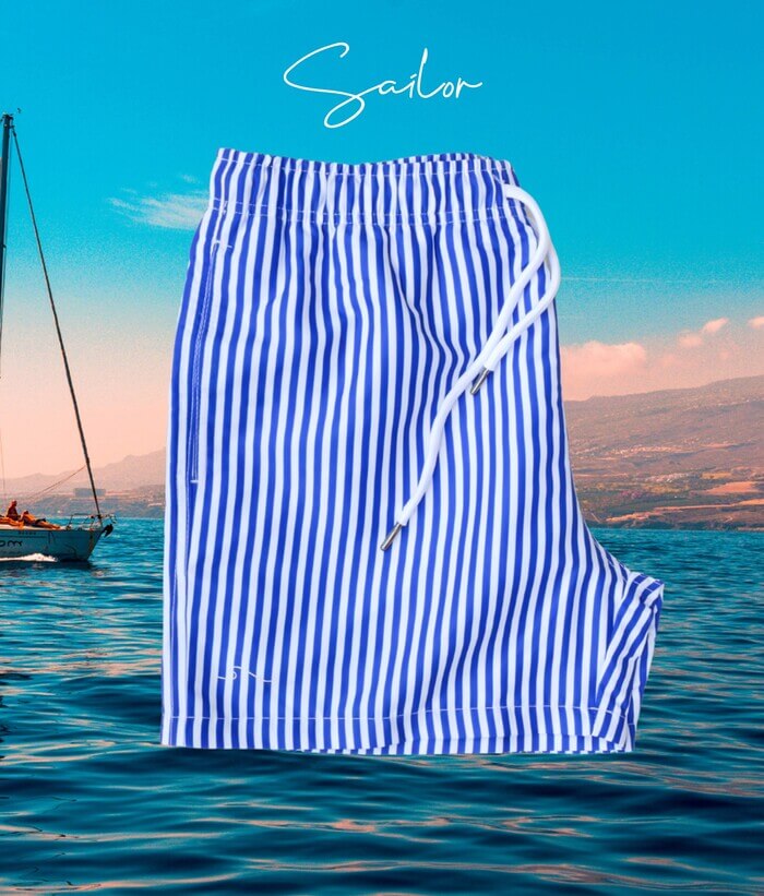 Oceanness Men's Eco Swim Trunks in white and blue stripes sailor
