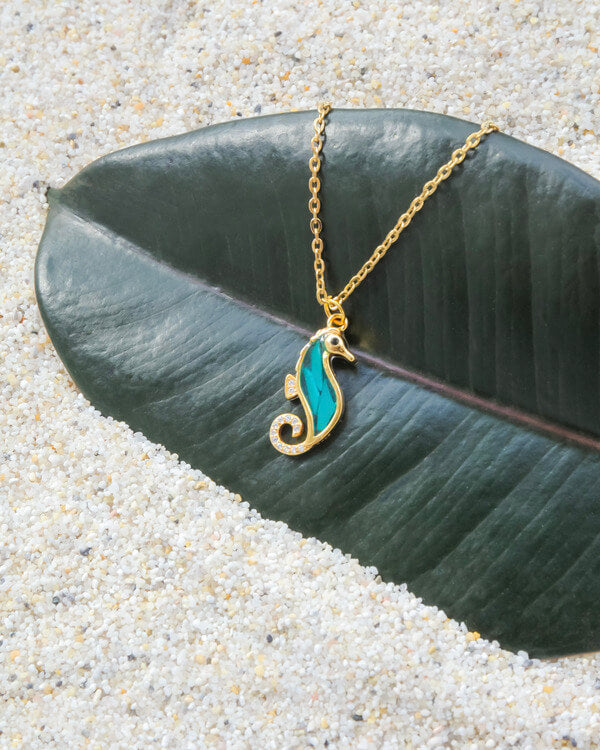 Oceanness eco-friendly seahorse necklace in gold-plated sterling silver and ocean plastic