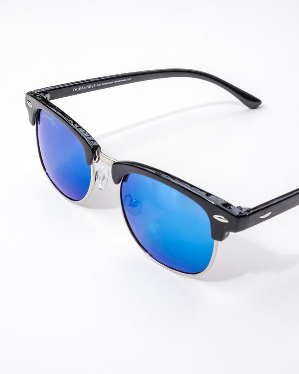 Oceanness eco-friendly, recycled and polarized sunglasses clubmaster style with blue lenses