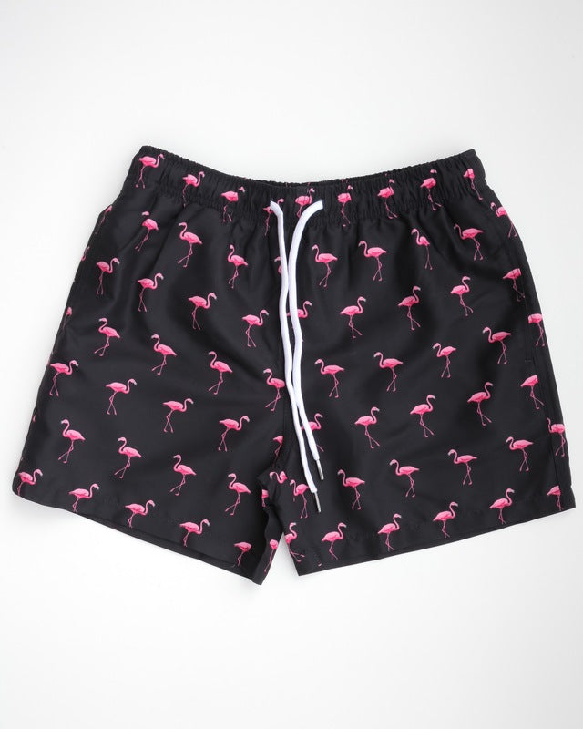 Oceanness eco-friendly swim trunks in flamingo print design